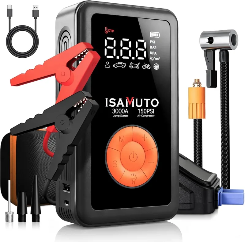 Arrancador de Coche 3000A con Compresor de Aire 150 PSI, Inflador Portátil 12V con Power Bank 12000mAh, Booster Batería para Coche Moto con Pantalla LCD y Luz LED
