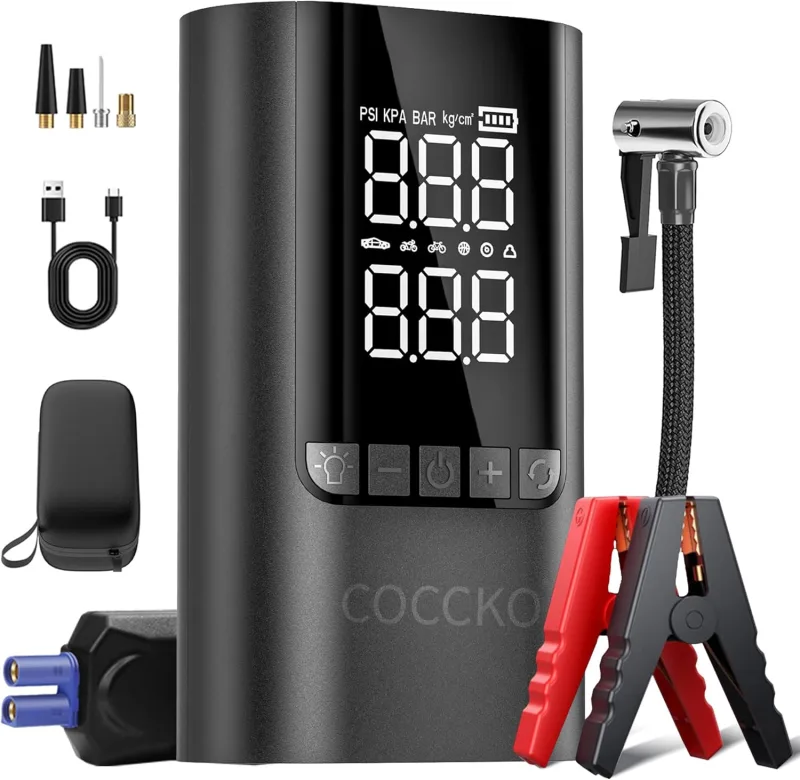 Arrancador de Batería de Coche 6000A,con 150PSI Compresor de Aire,10000mAh Arrancador Coche Portatil con Inflador(Toda Gasolina o 8L Diésel),12V Jump Starter,con Linterna LED y SOS