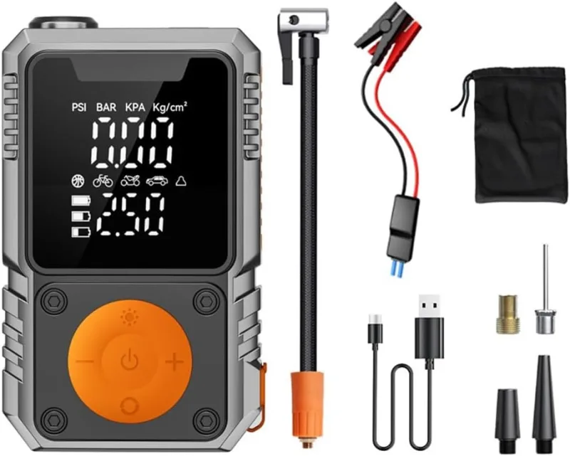 12V Portable Car Jump Starter and Air Compressor with 7200mAh Power Bank, 150PSI Tire Inflator, LED Light, Type-C Fast Charging, ABS Housing for (4 x 1500mAh)