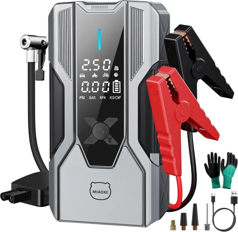 MIAOKE Car Battery Jump Starter 8000A, 12V Car Jump Starter, 150PSI Air Compressor, Set of Matching Nozzles, Smart Point Flower Clip, Inflatable Tube, Applicable Motorcycles
