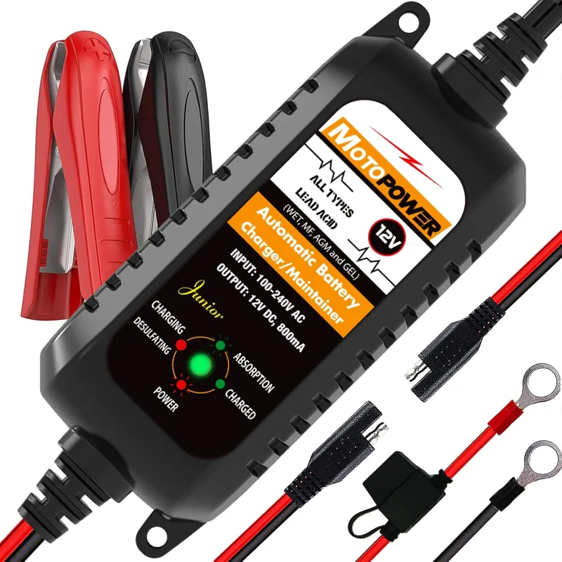 MOTOPOWER MP0205A 12V 800mA Auto Battery Charger/Maintainer for Cars, Motorcycles, ATVs, RVs, Powersports, Boat and More Smart, Compact & Eco-Friendly