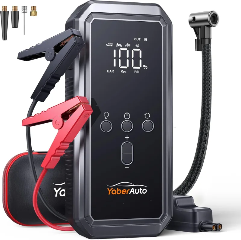 YaberAuto YA70 5000A Car Jump Starter with 150PSI Compressor, 21800mAh External Battery with 300 Lumen Emergency Light, 4 in 1 External Battery Jump Starter with Display