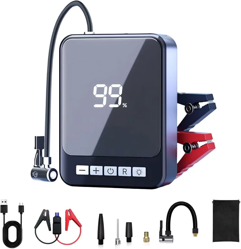 Car Battery Jump Starter 1000A with Air Compressor 150 PSI – Jump Starter 12V and 60W Portable Tire Inflator, LCD Display, External Battery and LED SOS Light for Car, Motorcycle and Bike