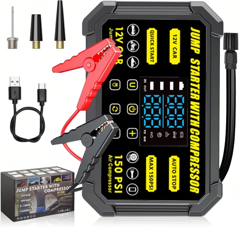 Car Battery Jump Starter with Inflator, 12V Battery Booster Pack, Multifunctional Compressor Starter 150 PSI, 29600 mWh, Integrated Flashlight, 18 W Quick Charge