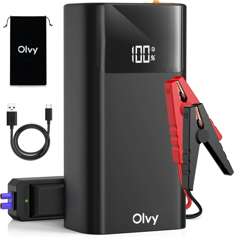 Olvy 2 in 1 Jump Starter and Power Bank, 1500A Peak 12V Portable Battery Booster with Smart Clamps, LED Flashlight, USB/Type C Output, for Cars, Trucks, Motorcycles