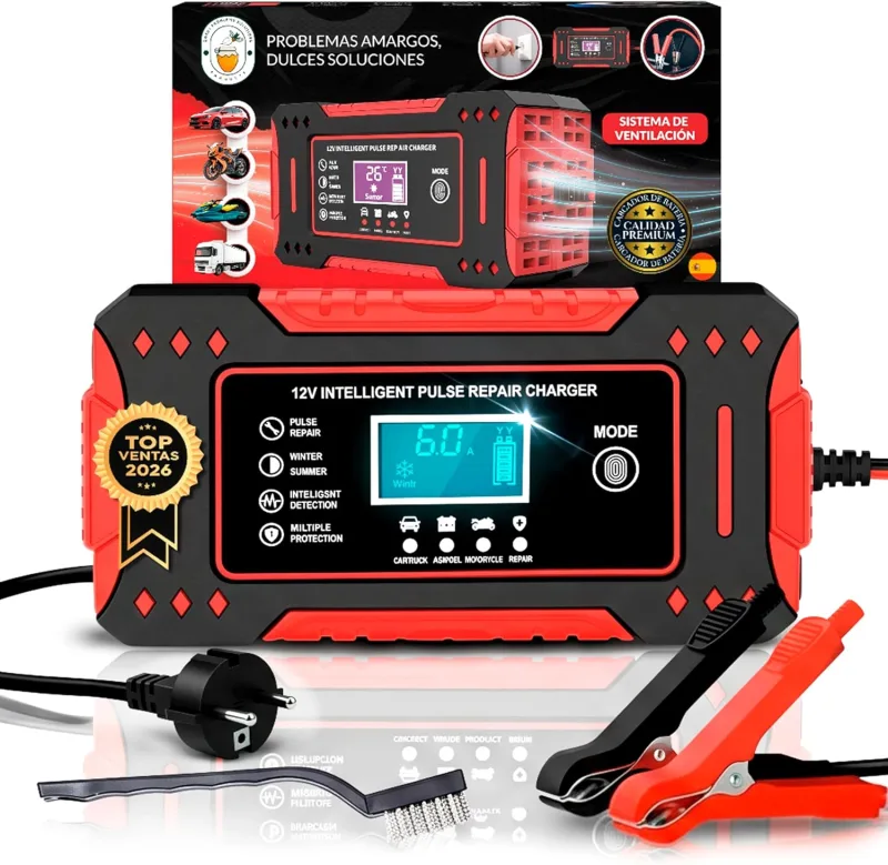 SweetSolutions© Car Battery Charger 12V6A | Car Battery Charger with Smart Function | Auto Repair | LCD Display | Automobiles Moto Truck AGM Gel SLA