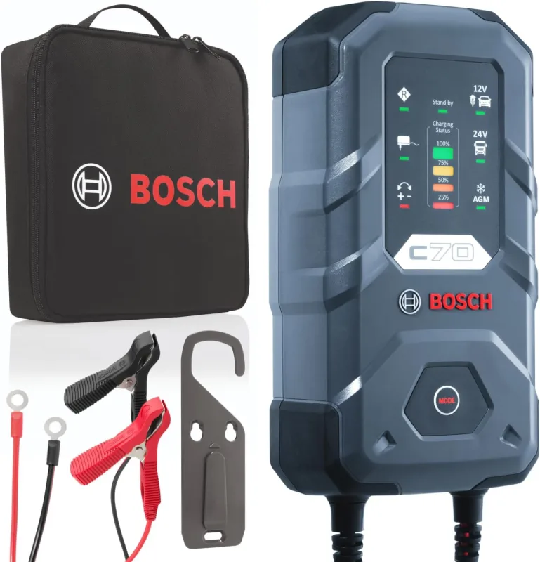 Bosch C70 10 Amp Car Battery Charger with Continuous Charging Function - for Lead-Acid, AGM, Gel, and EFB Batteries, 12V/24V
