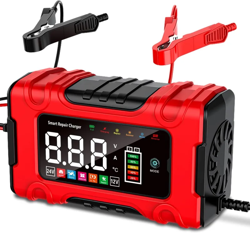 Car Battery Charger 10A, 12V/24V Maintainer Motorcycle Battery with Repair Mode and Slow Charge for Cars, Motorcycles and Trucks, AGM, Gel, Wet, SLA and LiFePO4 Batteries