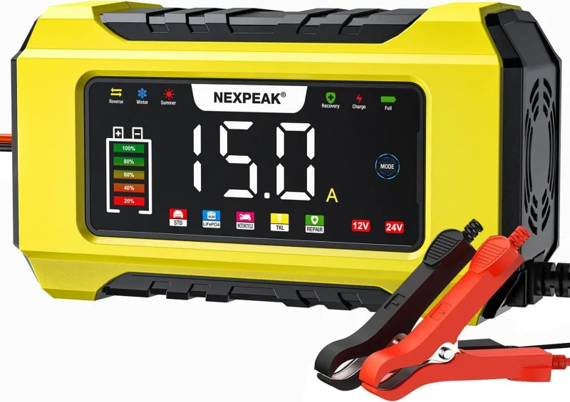 NEXPEAK NC215 15A Car Battery Charger, 12V 24V LiFePO4 Portable Car Battery Charger 9-Stage Smart Battery for Car, Truck, Motorcycle, Lawnmower, Boat, Marine