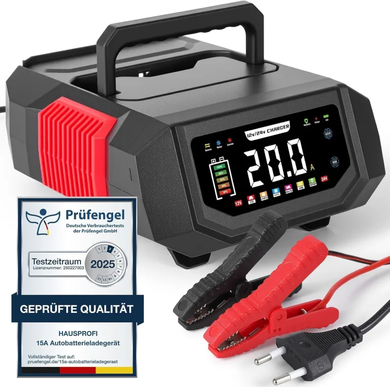 Professional Car Charger 12V/24V 20A Smart Car Charger with Adjustable Current, 9 Levels Charging and Repair Mode for Car, Motorcycle, Truck, Lead