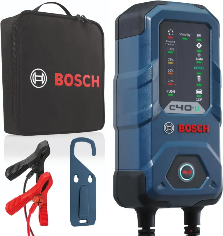 Bosch C40-Li 5 Amp Car Battery Charger with Continuous Charging Function - for 6V/12V Lead-Acid, AGM, EFB and SLI Batteries and 12V Lithium (LiFePO) Batteries