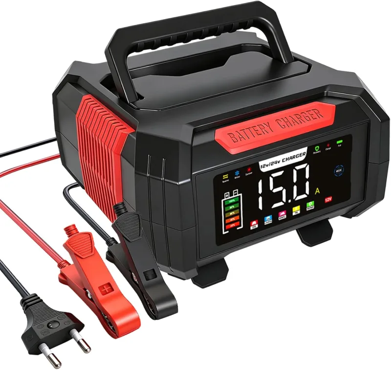 15 A Car Battery Charger, 12 V/24 V Smart Car Battery Charger with Repair Function, LCD Screen, for Cars, Motorcycles, AGM, Gel, LiFePo4