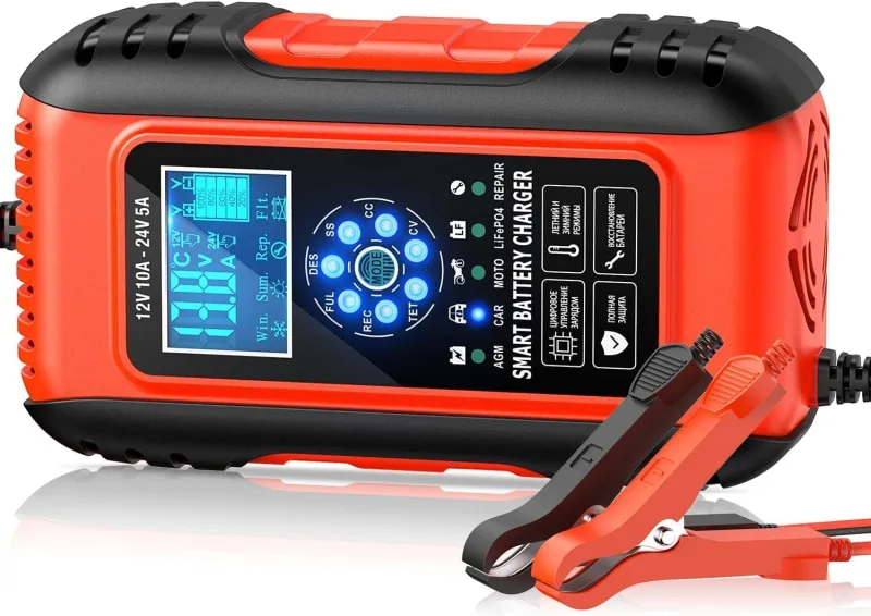 12V10A 24V5A Battery Charger, Lithium Battery Charger with 7 Stage Charging Phase, 11 Protection Functions, Charging and Repair, Motorcycle, Truck, AGM, Gel, LiFePO4(10A)