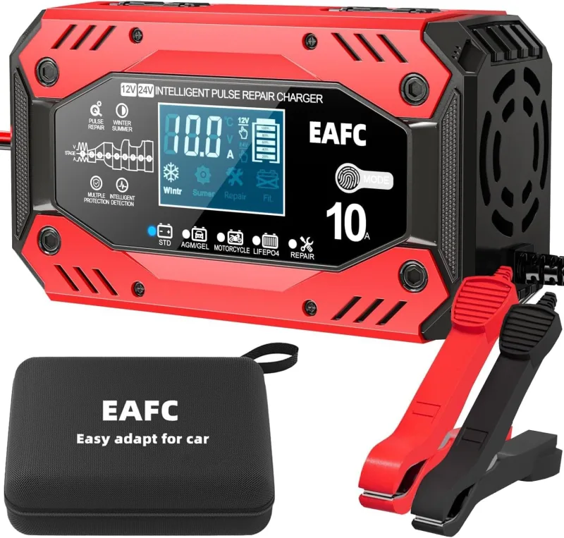 Battery Charger 12V 10A Car with Touch Screen Multiple Protections Car Battery Charger for Automobiles Motorcycles AGM, Gel (Includes Storage Box)