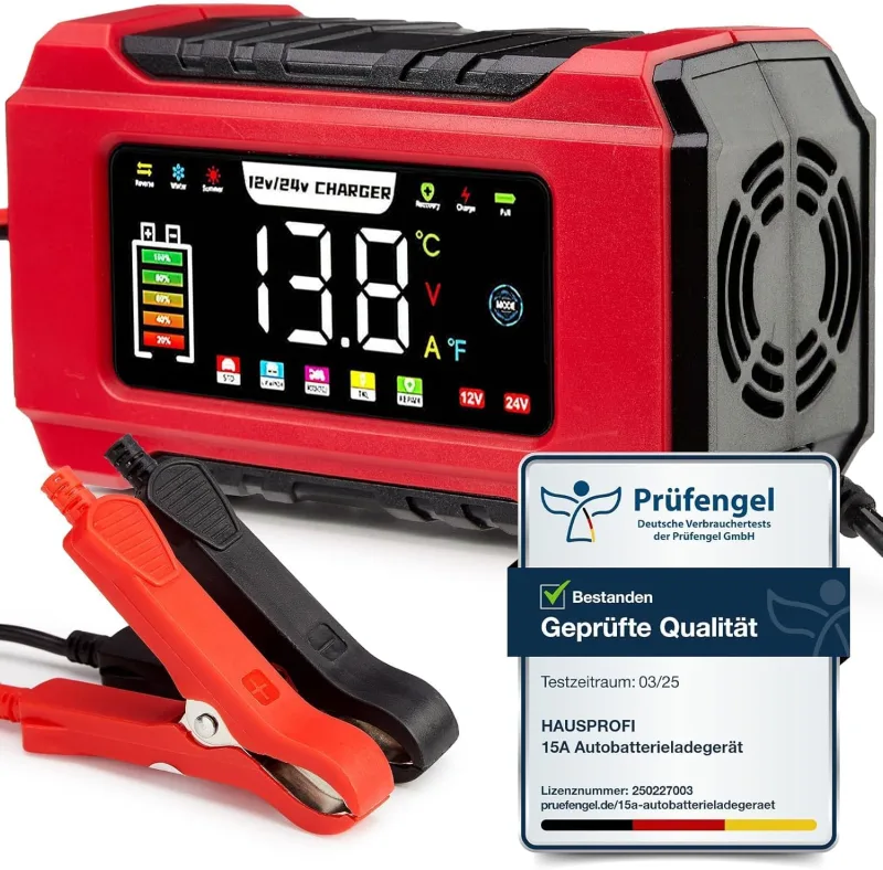 HAUSPROFI 15A 12V/24V Car Battery Charger with Repair Mode and Maintenance Charge 9 Levels of Charge LCD Display for Car Truck Motorcycle Boat Compatible with Batteries