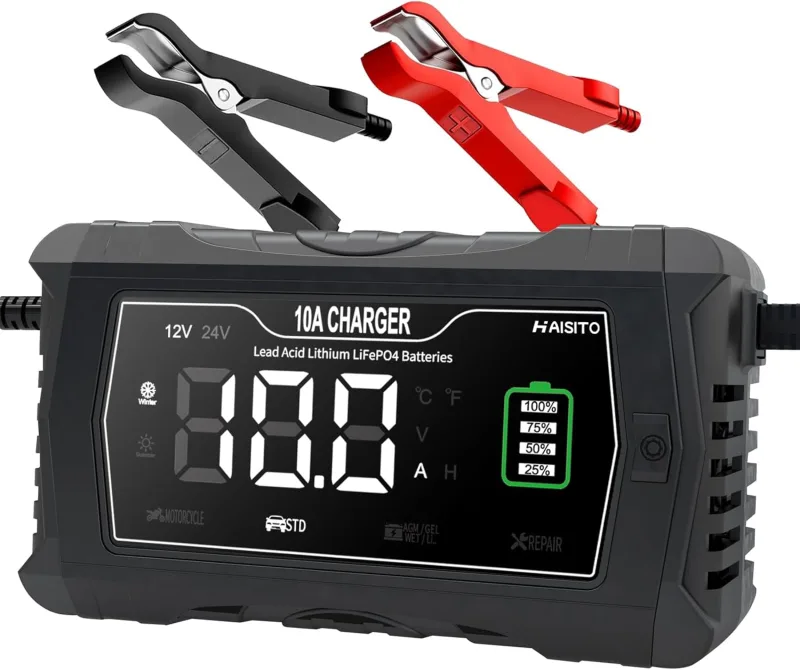Haisito LiFePO4 10A 12V/24V Lead-Acid Lithium Battery Charger for Car, Lawnmower, Motorcycle and Other Battery Chargers