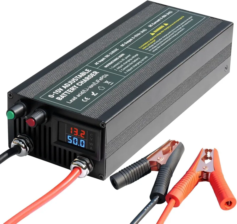 LiFePO4 Charger 14.6V 60A, Adjustable Battery Charger 0-15V/0-60A, Charger for Lithium Batteries 12V with Quick Charge and Dripping Function, for Cars, Motorcycles, Marine Batteries