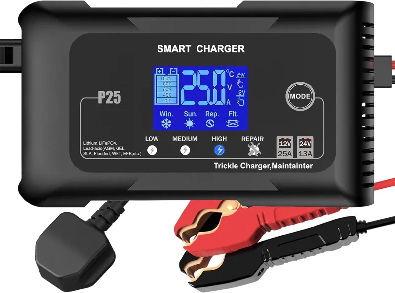 HTRC 25A Car Battery Charger 12V/24V Smart Motorcycle Battery Charger with LCD Display Suitable for Boat, Lawnmower, Lithium, LiFePo4 and Lead-Acid Batteries (AGM, Gel, MF, EFB, VRLA, etc)