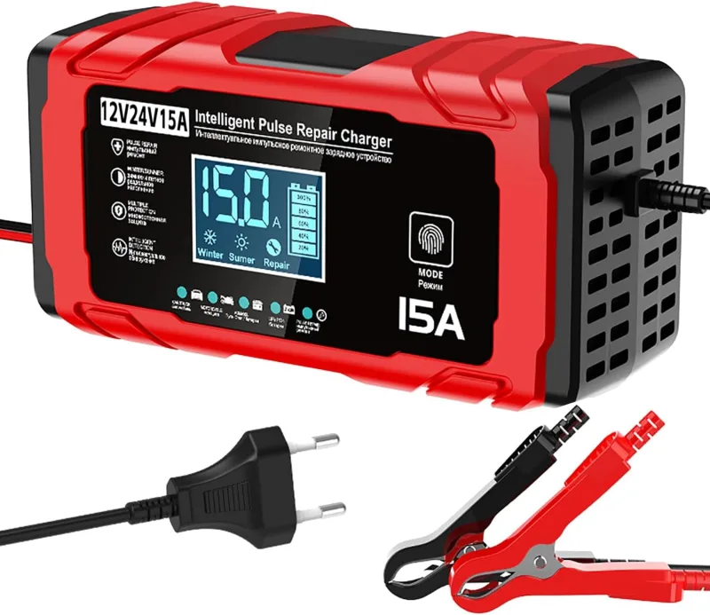 15A Car Battery Charger, 12V 24V Battery Charger and Smart Motorcycle Car Battery with LCD Battery Chargers for Auto Moto Truck AGM Gel SLA