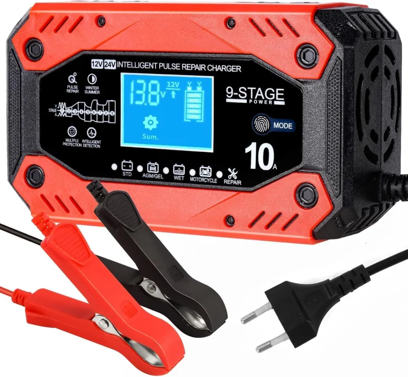 Car and Motorcycle Battery Charger, 12V 10A/24V 5A Car Battery Charger Multiple Protections Motorcycle Battery with LCD Touch Screen for AGM/Gel/EFB