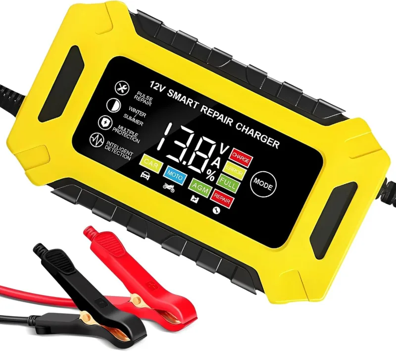 Battery Charger, Fully Automatic Smart Car Battery Charger with Touch Screen, Automatic Detection Repair Maintenance Protection for Motorcycle, 12V6A