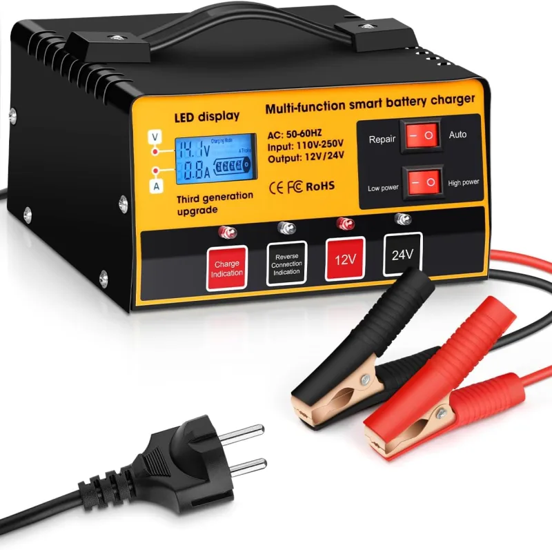 Arrinew Car Battery Charger 12V/24V with Repair Function LCD Screen and Multiple Protections for Auto Motorcycle Truck Lawn Mower Boat, Orange and Black