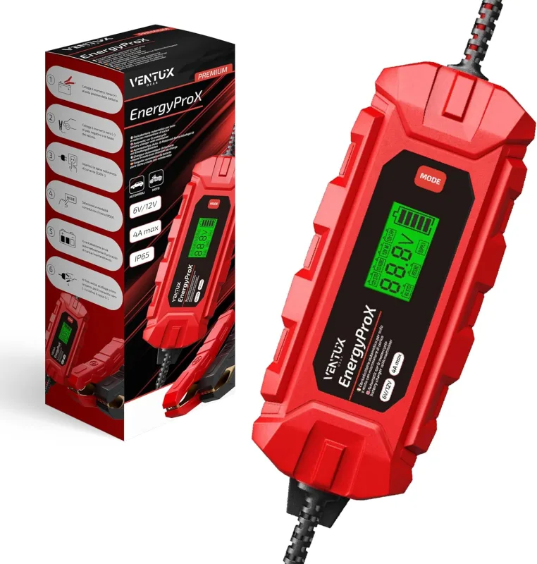 EnergyProX 6V/12V Battery Charger - 4A Smart Charger with LCD Display, IP65, Automatic Maintenance - Ventux Gear Premium