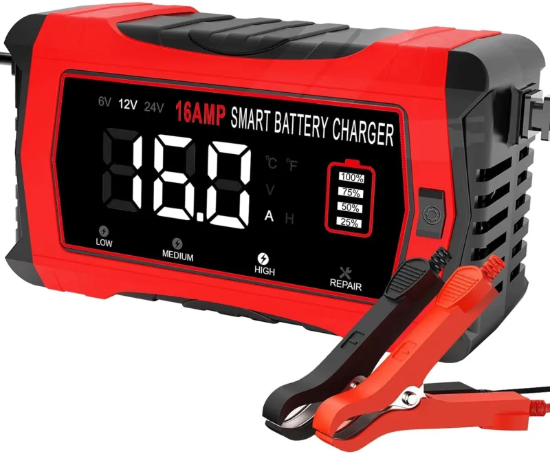 HTRC Car Battery Charger 16A 6V/12V/24V, Car Battery Charger with LCD Display Compatible with Boats, SUVs, Motorcycles and Lithium, LiFePO4, Lead-Acid Batteries (AGM, Gel, MF, EFB, SLA, Wet)