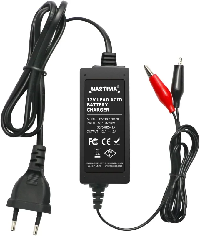 NASTIMA 12V 1200mA Sealed Lead Acid Battery Charger (SLA) with Short Circuit Protection and Overload for Cars, Motorcycles, Electric Vehicles with Lead Acid Battery