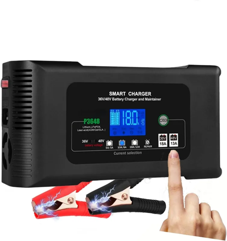 36V/48V 18A Smart Battery Charger for LiFePO4/AGM/Lead-Acid Car Batteries, with 4 Modes, Pulse Repair and Self-Test for Golf Carts, SUVs, Motorhomes, Trucks