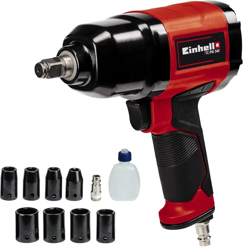 Einhell TC-PW 340 Air Impact Wrench (Max Torque 340Nm, Left and Right Rotation, Includes 8 Sockets, Oil Bottle, Nozzle)