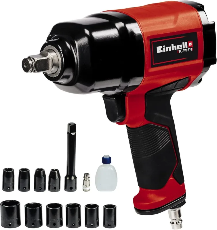 Einhell Air Impact Wrench TC-PW 610 (Max Torque 610Nm, Includes 10 Sockets, Oil Bottle, Nozzle, Extension 125 mm)