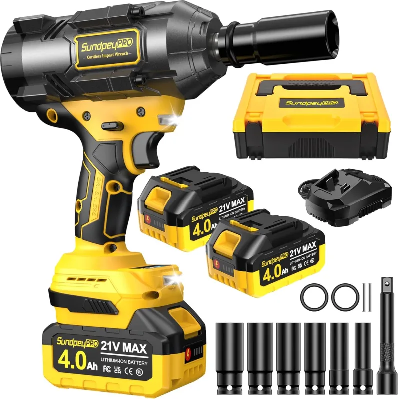 Llave de Impacto Inalámbrica 1500Nm, 1/2 Pistola de Impacto Bateria Brushless con 2 x 4000 mAh Baterías, 21V Llave de Impacto Eléctrica con 6 Enchufes y Barra de Extensión para Coche Hogar Amarillo