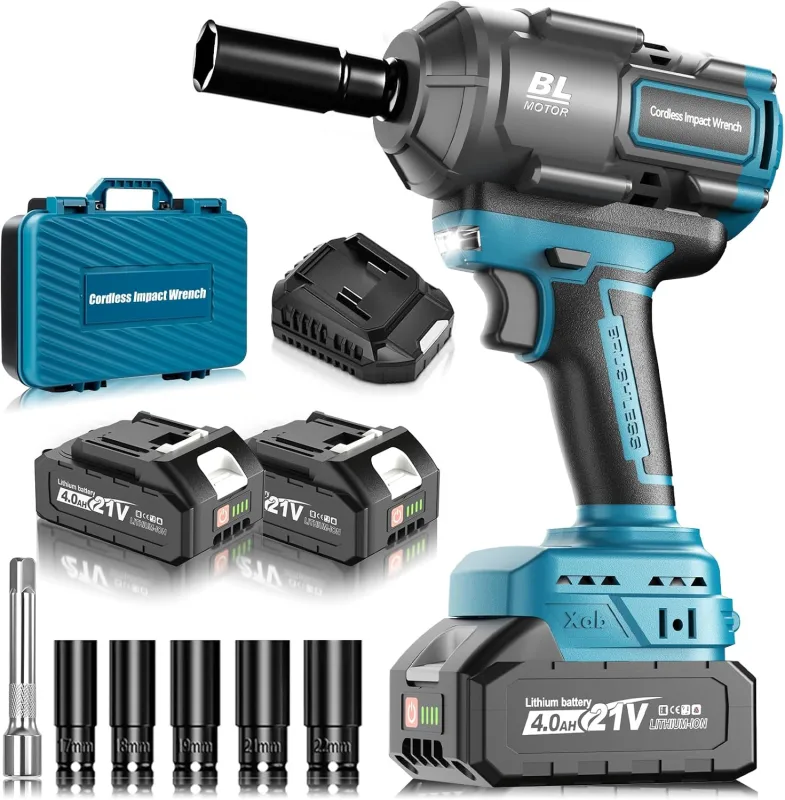 1200Nm Cordless Battery Impact Wrench, 1/2 Impact Gun Battery with Two 4000 mAh Batteries, Quick Charger, 5 Sockets, Impact Gun for Car Tires