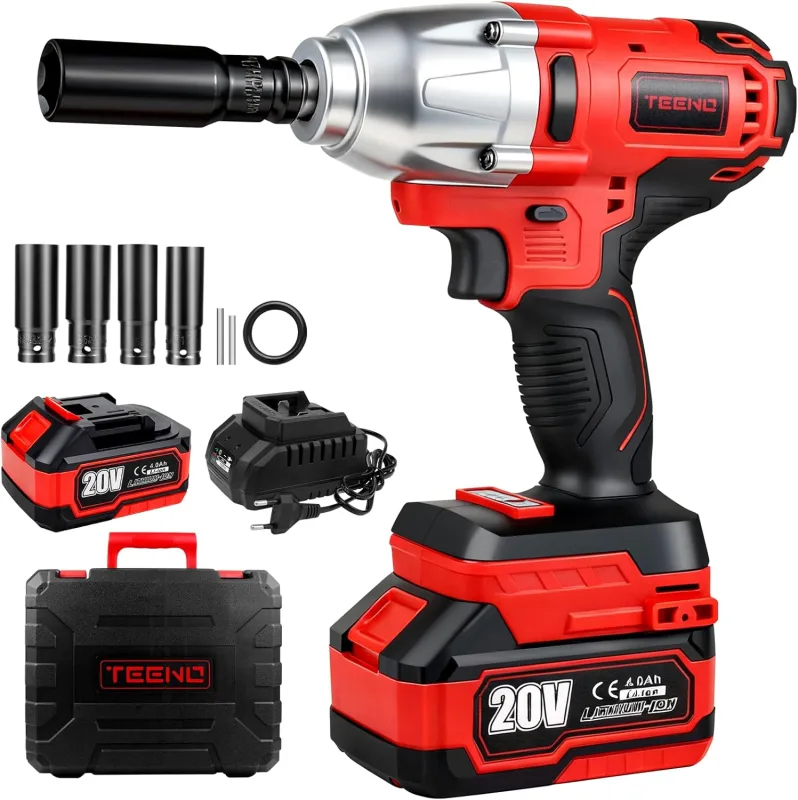 TEENO Impact wrench, wireless, 1/2" Impact Gun Battery 600 Nm with 1x4.0Ah battery, impact wrench with 4 nozzles (17/19/21/22 mm), rotating for car and use
