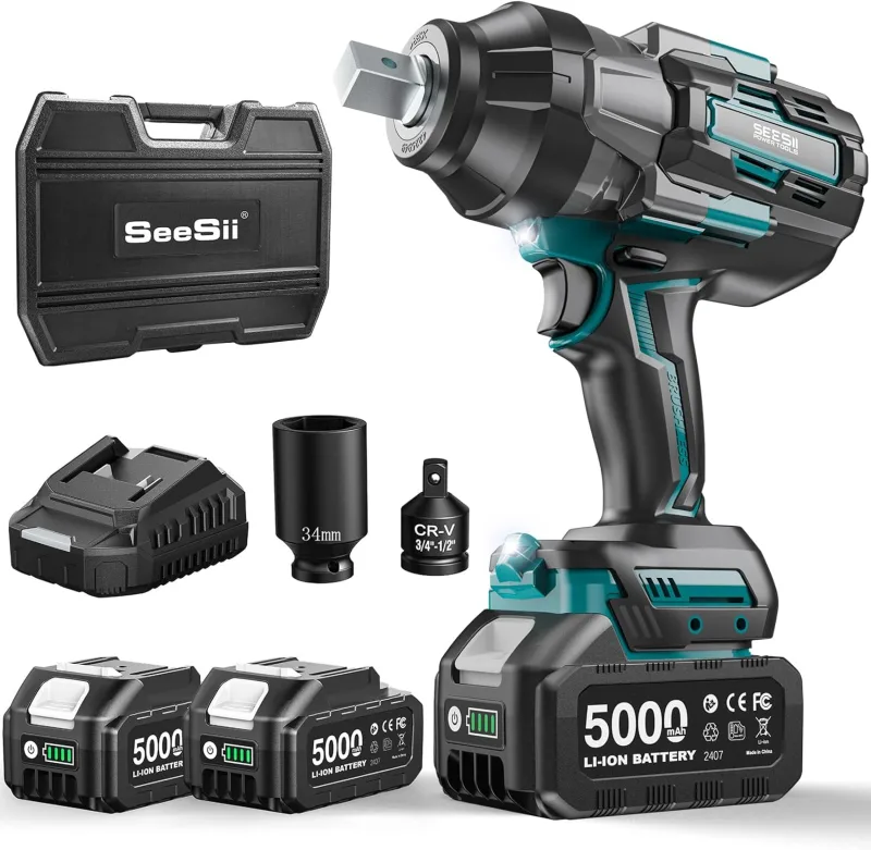 Seesii 1800Nm Impact Wrench, 3/4 Inch Brushless Electric Impact Gun with 2 x 5000 mAh Battery, 3 Speed Gearbox, 3/4 Inch to 1/2 Inch Drill Adapter, 34 mm Sockets