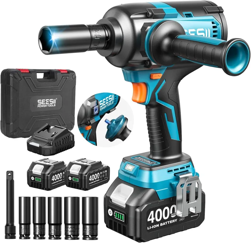 Seesii Cordless Impact Wrench 1/2" 1200N·m (885Ft-lbs), 21V High Torque Impact Gun with Detachable Handle, 2× 4.0Ah Batteries for Car, Truck and Lawn Mower