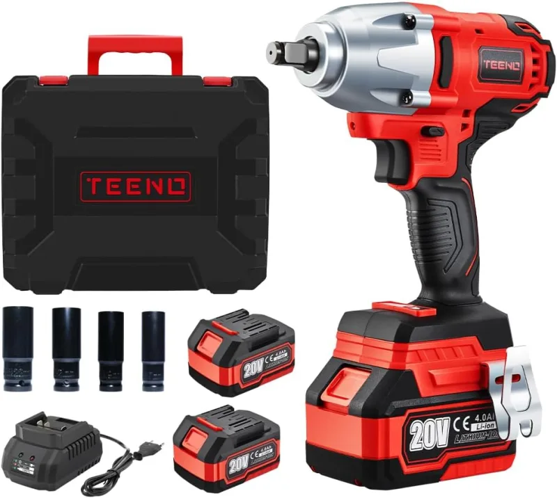 TEENO - 1/2" 600Nm 20V Brushless Cordless Impact Wrench with 2 x 4000mAh Batteries, Impact Driver with 4 Impact Nozzles (17/19/21/22mm) for Car and Use