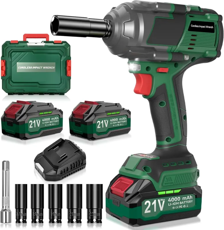 1000Nm Cordless Battery Impact Wrench, 1/2 Impact Gun Battery with Two 4000 mAh Batteries, Quick Charger, 5 Sockets, Impact Gun for Car Tires