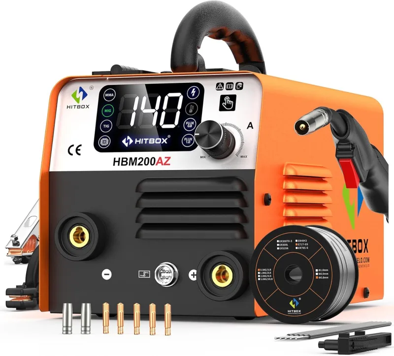 HITBOX MIG Welder 140A 230V 4 in 1 Portable Gas Free with IGBT Inverter, LED Display and 0.8mm Thread, Compatible with Lift TIG and ARC, Ideal for Carbon Steel and DIY (HBM200AZ)