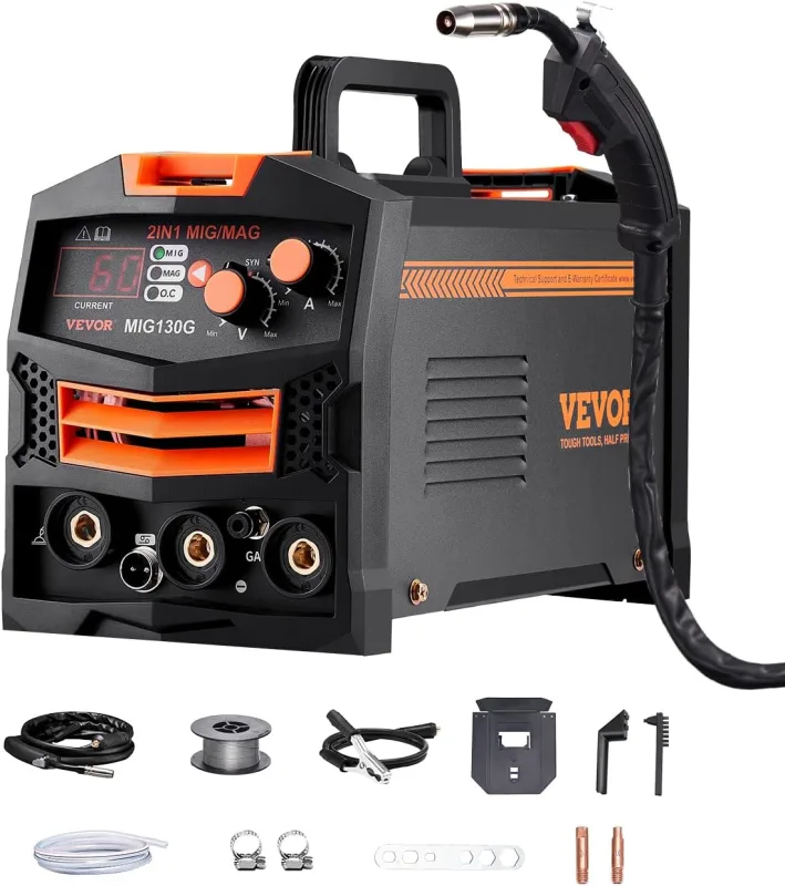 VEVOR 130A Synergistic MIG Welding Machine, 2 in 1 Multiprocess with Gas/Gasless MIG Flux Core, with IGBT Inverter Technology and Digital Display Screen, Thickness ≤ 4 mm, Black