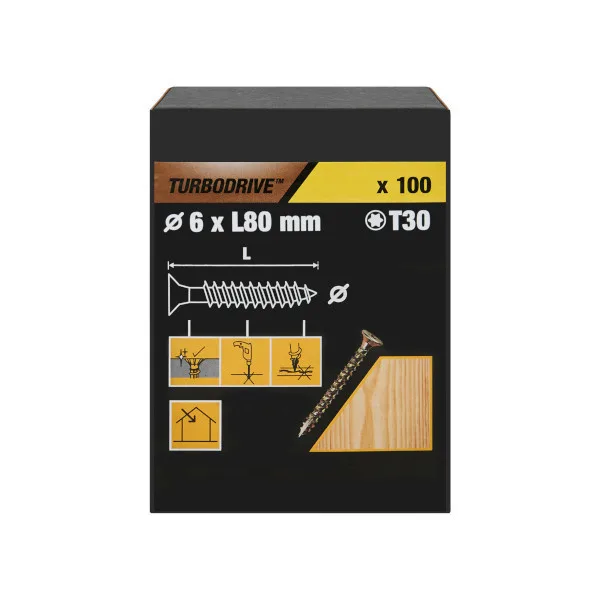 100 tornillos para madera tx premium 6x80 mm turbodrive
