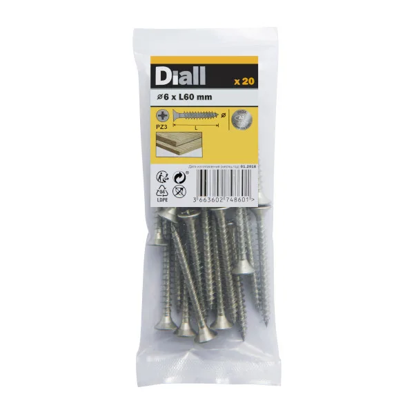 20 tornillos para madera inox 6x60 mm diall
