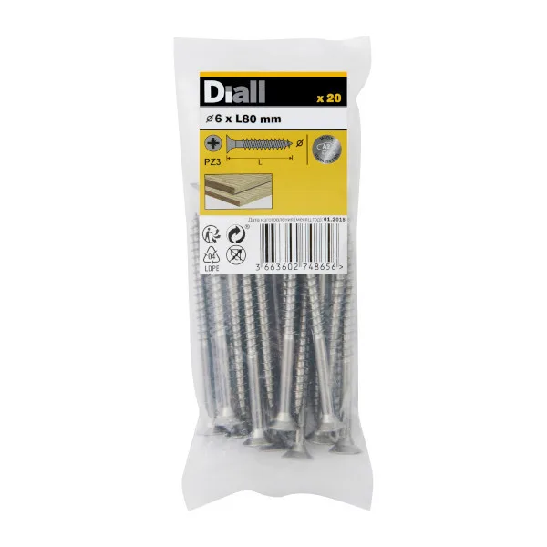 20 tornillos para madera inox 6x80 mm diall
