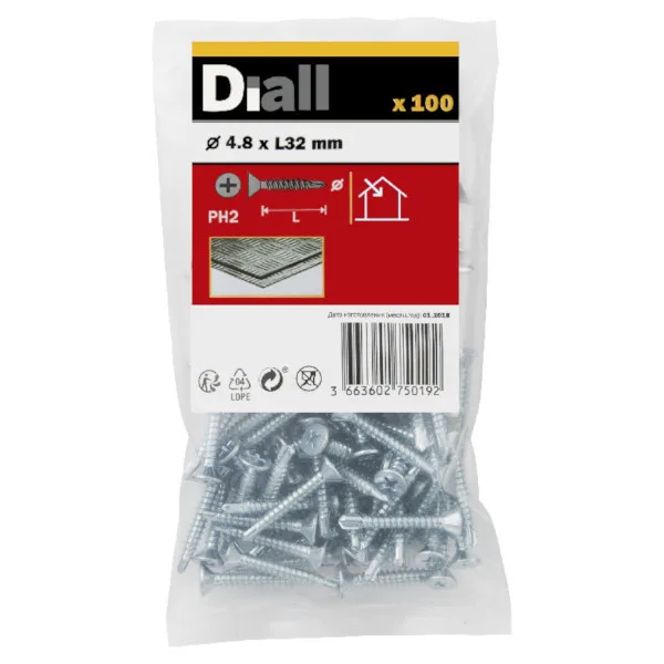 100 tornillos autoperforantes cabeza avellanada 4,8x32 mm diall