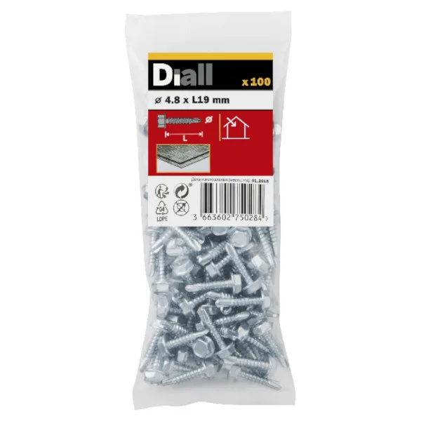 100 tornillos autoperforantes cabeza hexagonal 4,8x19 mm diall
