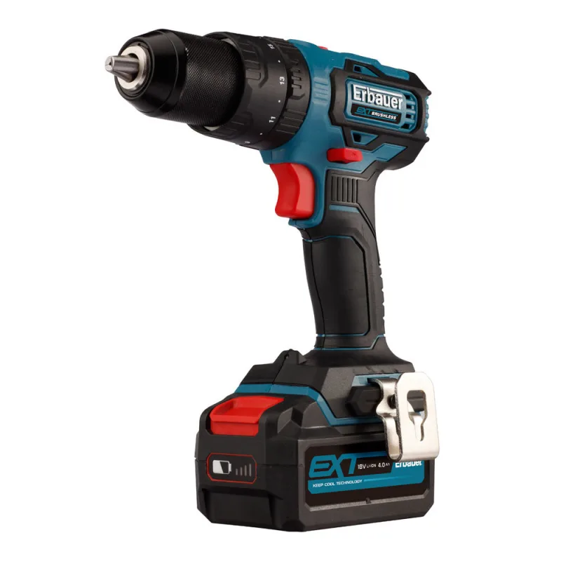 Taladro percutor 18v brushless con batería 4ah erbauer
