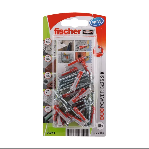 Tacos duopower + tornillos 5 x 25 mm fischer 18 uds
