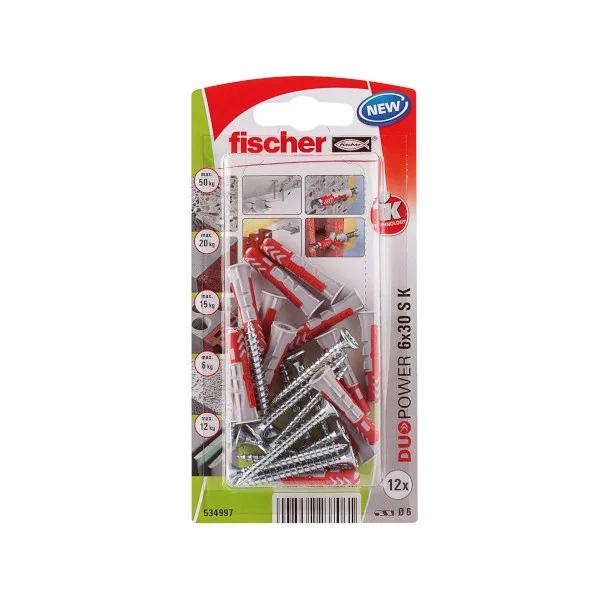 Tacos duopower + tornillos 6 x 30 mm fischer 12 uds