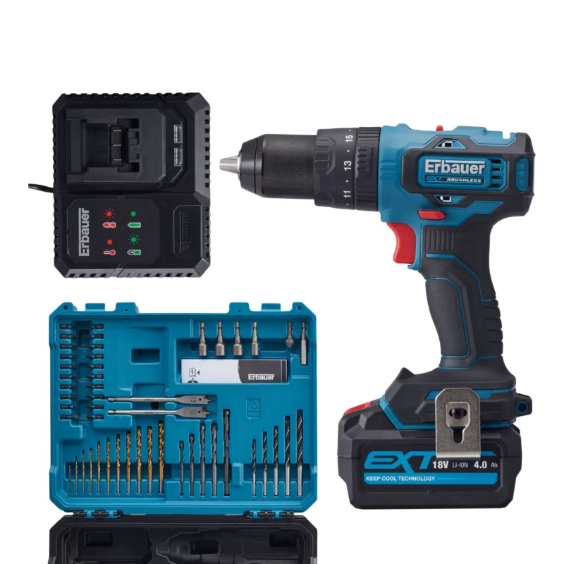 Taladro percutor 18v con batería 4ah brushless + maletín 49 accesorios erbauer